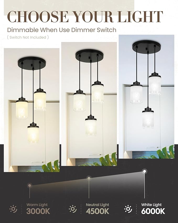 TENGXIN 3-Lights Modern Pendant Light with Glass Shade Matte Black Pendant Lighting Adjustable Industrial Retro Style Hanging Light Fixture for Kitchen, Farmhouse