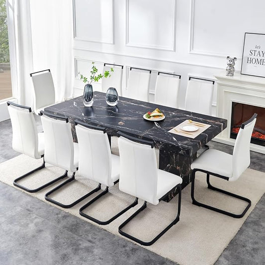 79" Modern Dining Table Set｜Marble Dining Table Set with 10 Faux Leather Chairs｜Engineered Wood with Marble Pattern Tabletop｜Widened and Stable Tablelegs｜Easy Assembly
