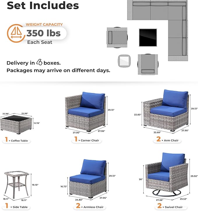 ovios 9 Pieces Patio Furniture Set, Outdoor Wicker Sectional Sofa with 2 Swivel Chairs Coffee Table, Modern Modular Deep Seat Rattan Couch Conversation Sets, Navy Blue