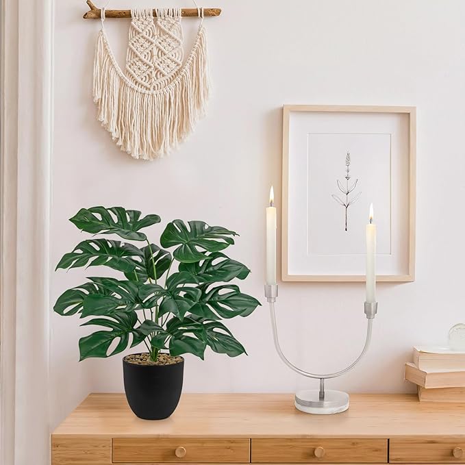 Briful Lush Artificial Monstera Plant - Realistic Green Leaves, Stylish Black Pot, 14.9-Inch Tall, Fake Plants for Home & Office Farmhouse Wedding Decor