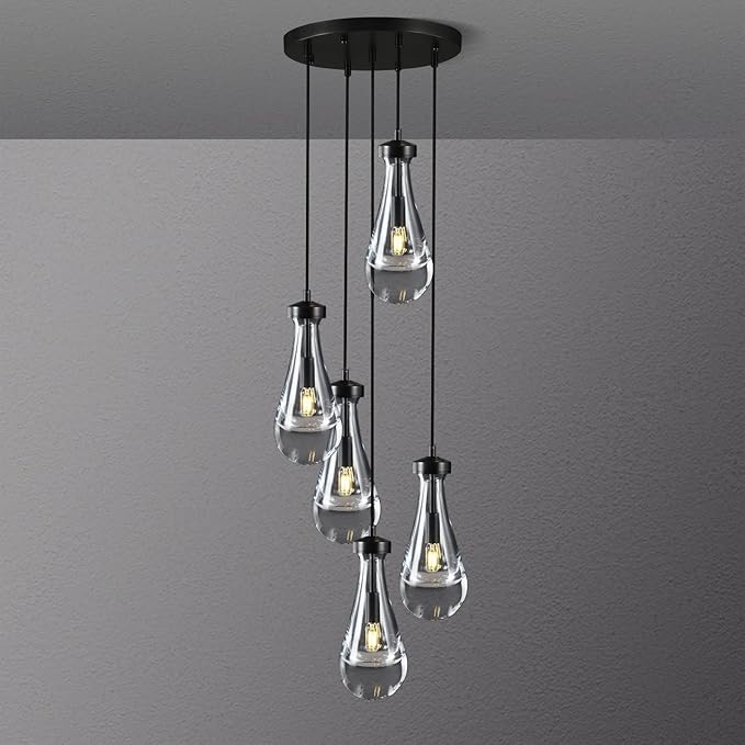Bronze 5 Light Raindrop Chandeliers, Black Cluster Pendant Light Teardrop Dining Room Light Fixture Pendant Lights Kitchen Island, Hanging Ceiling Pendant Lighting for Entryway Living Room