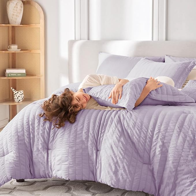 MUXHOMO 7 Pieces Queen Comforter Set, Seersucker Bed in a Bag Queen Size, All Season Luxury Bedding Set with Comforter, Flat Sheet, Fitted Sheet, Pillowcases & Shams, Lavender
