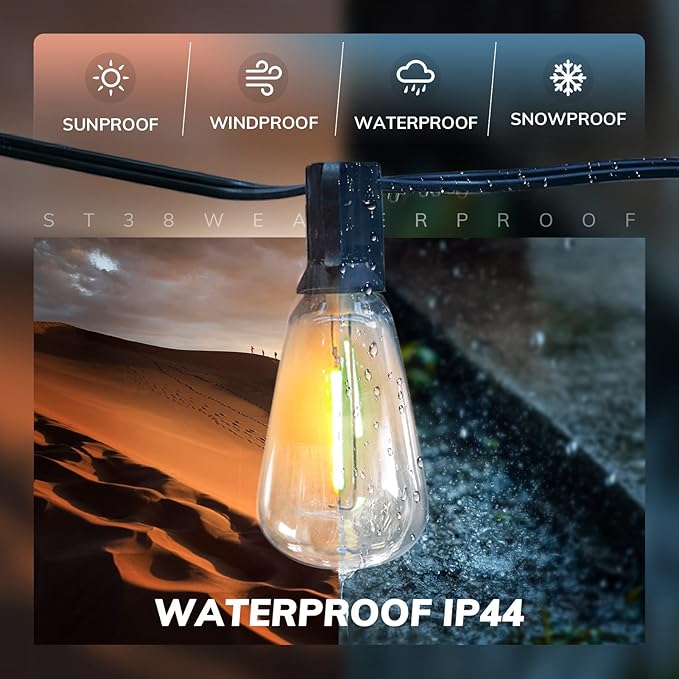 Achin Outdoor String Lights - 50ft LED Dimmable ST38 Warm Edison String Lights, Waterproof, Shatterproof, Connectable, Patio, Pergola, Bistro, Garden, Wedding, 2 Year Warranty