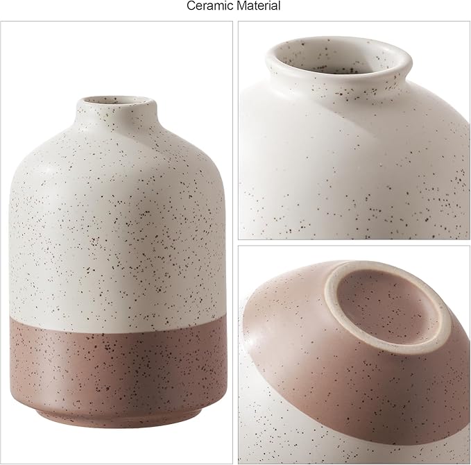 Ceramic Vase Set of 3, Vases Home Decor Rustic Farmhouse Decor, Small Pottery Vases for Bouquet Pampas Grass Dried Fresh Flowers, Living Room, Kitchen, Bedroom, Bathroom, Mantel Decor - Beige&Brown