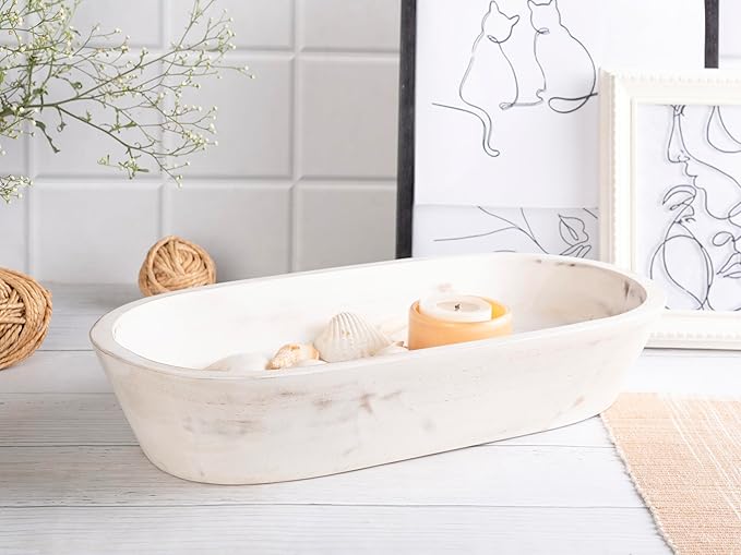 Luxe Designs Wooden Dough Bowl - Rustic White Acacia Wood - Handmade Decorative Bowls for Home Decor, Bathroom, Kitchen Counter, & More - Rustic Large Wood Dough Bowl for Decor, Cosmetics, and Keys