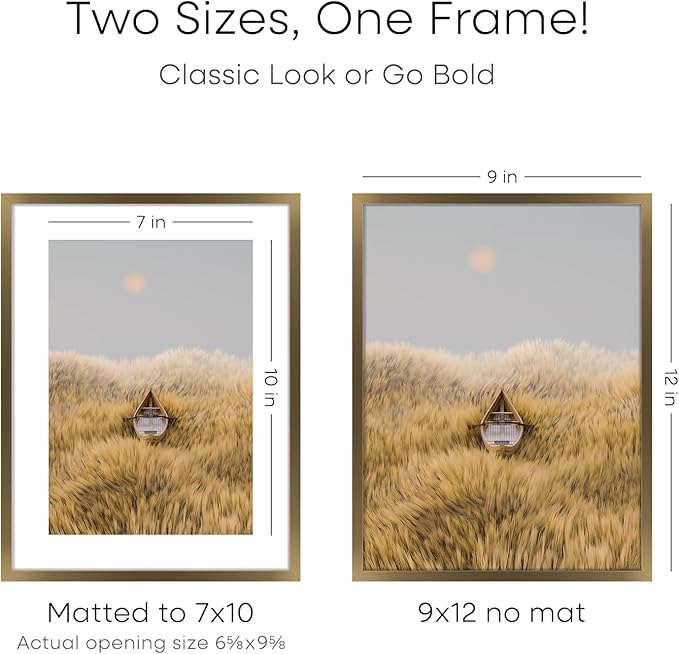Homeforia 9x12 Frame Bronze, High End Metal 9 x 12 Brass Picture Frames with Mat 7 by 10 inch Photo, 9by12 Poster Frame Matted to 7x10, 12x9 Wall or Tabletop Frames, Tempered Glass, Wall Kit, Set of 3