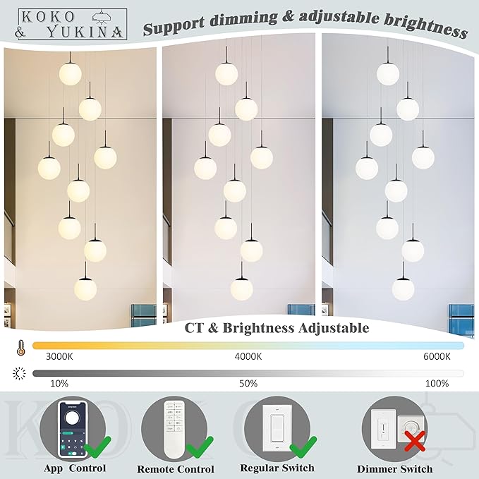 KoKo&Yukina 9-Light Globe Milky White Glass Pendant Light Adjustable Length Pendant Lights Modern Glass Globe Pendant Lights Black Chandeliers Large Chandeliers for High Ceilings (Bulb & Remote Incl)