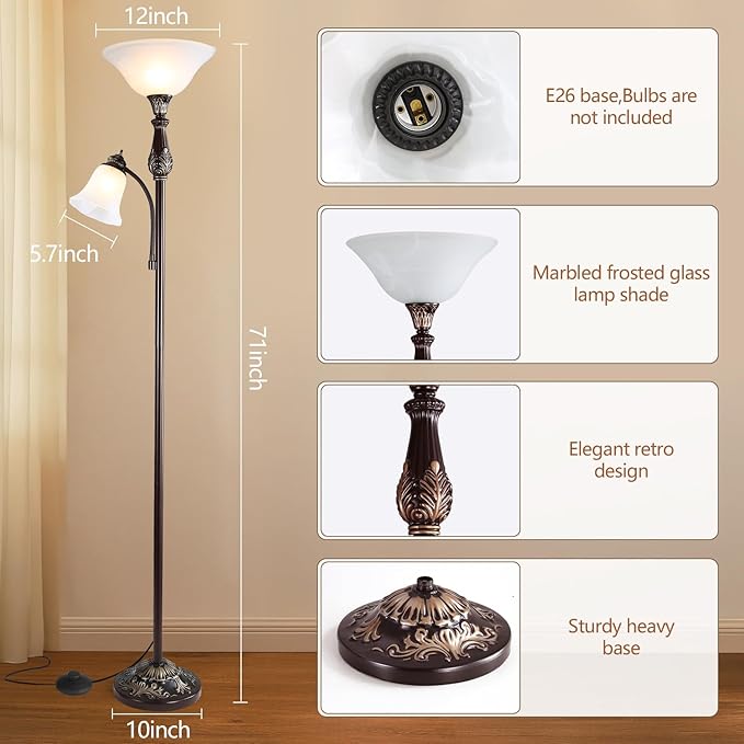 Torchiere Floor Lamps for Living Room & Bedroom, 71" Vintage Victorian Floor lamp with Reading Light, Tall Corner Standing Farmhouse Lamp for with Glass Shade Home Office Decor, Bronze