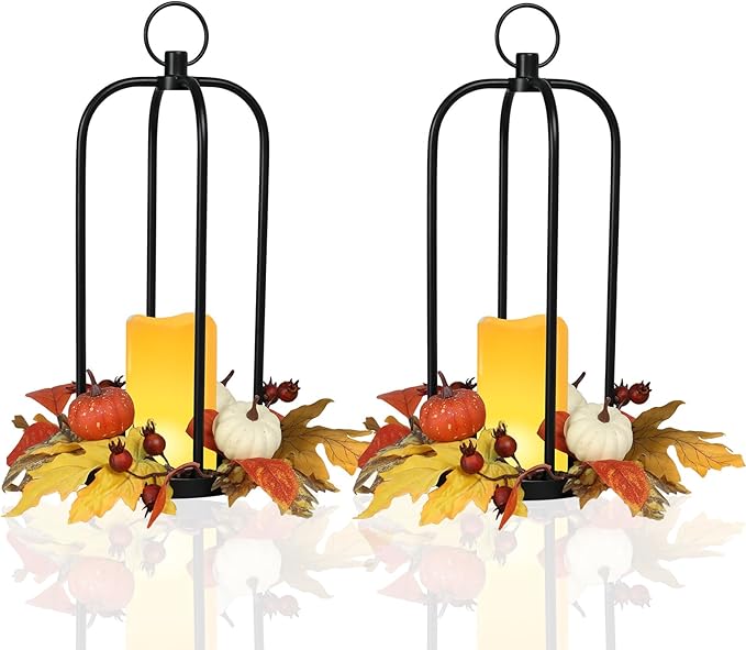 Bdor 2 Pack Fall Lantern Decor with LED Candle – 14 Inch Harvest Pumpkin Maple Leaf Hanging Lantern for Autumn Thanksgiving Table Centerpiece Indoor Outdoor Decoration, Battery Operated