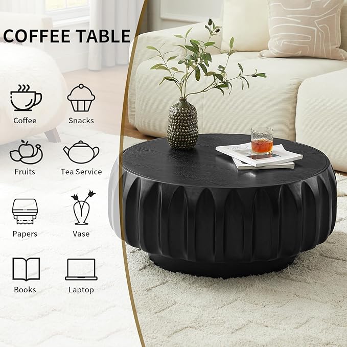 31.5" Drum Coffee Table Modern Round Coffee Table Wood Fluted Centry Table with Solid Wood Veneer for Living Room, Easy Assemble, Black