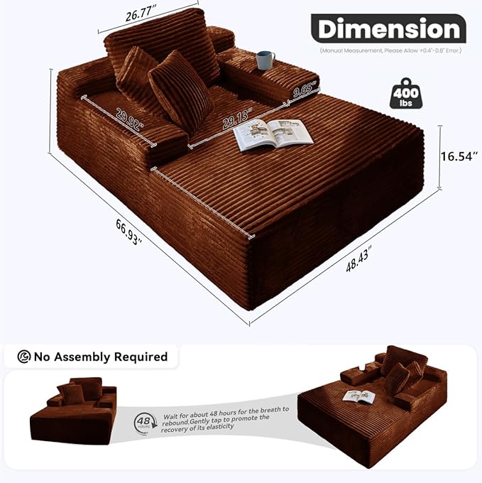 67" Oversized Chaise Lounge Chair Indoor, Cloud Couches for Living Room, Corduroy Sleeper Sofa Bed, No Assembly Required, Deep Seat Lounge Chair with Pillows Orange-Brown