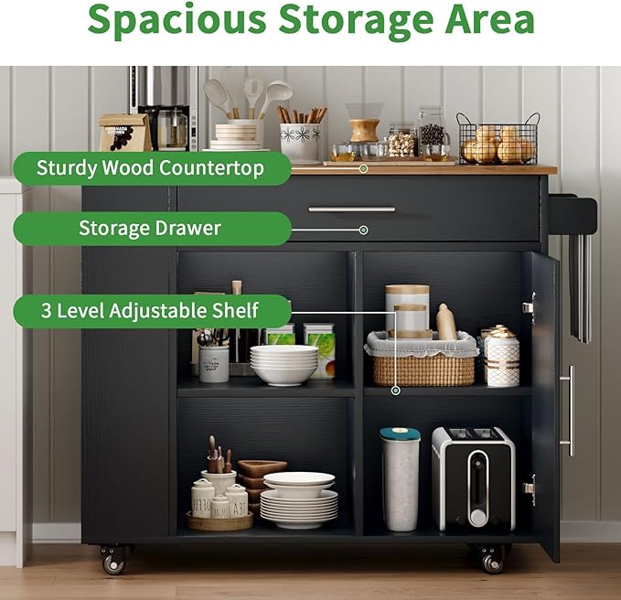 4 EVER WINNER Kitchen Island with Storage, Island Table for Kitchen with Spice Rack & Towel Rack & Open Shelves, Rolling Kitchen Island with Storage Cabinet and Drawer, Black