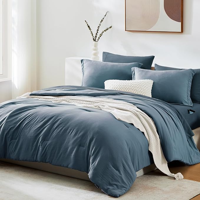 WRENSONGE King Size Comforter Set- 7 Pieces Soft Oxford Blue Bed in a Bag King with Fitted Sheet, Flat Sheet, 2 Pillow Shams, and 2 Pillowcases-Warm King Bedding Set for All Season