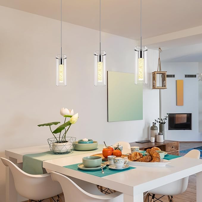 Pendant Ceiling Light Fixture - LED Crystal Pendant Lights for Kitchen Island, Modern Island Light with Bubble Glass - 3 Pack