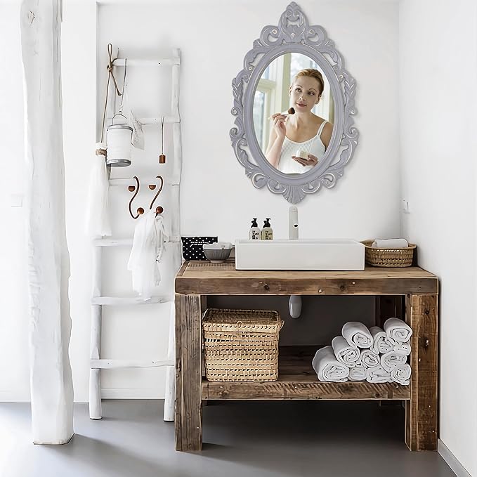 Vintage Hanging Wall Mirror Wall Decor 28"x20" Antique Oval Carved Wood Frame Bathroom Mirror Vanity Rustic Wall Mounted Mirrors Decorative Farmhouse Mirrors for Bedroom Living Room Grey