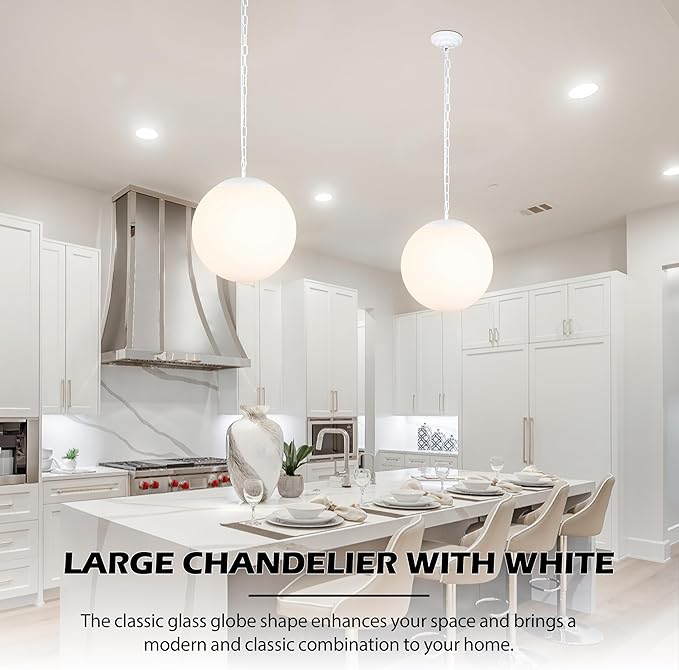 KoKo&Yukina 13.7 Inch Globe Pendant Light Adjustable White Globe Pendant Lights Kitchen Island Mid Century Light Fixture with Milky White Glass Shade for Living Room