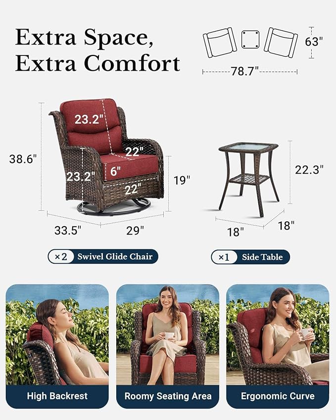 HILLGA Luxury Patio Furniture Set with 6-Inch Thick Cushions, High Back Outdoor Swivel Rocker Chairs and Table, 3-Piece All Weather Conversation Set for Porch Deck Balcony Yard, Burgundy (V3)