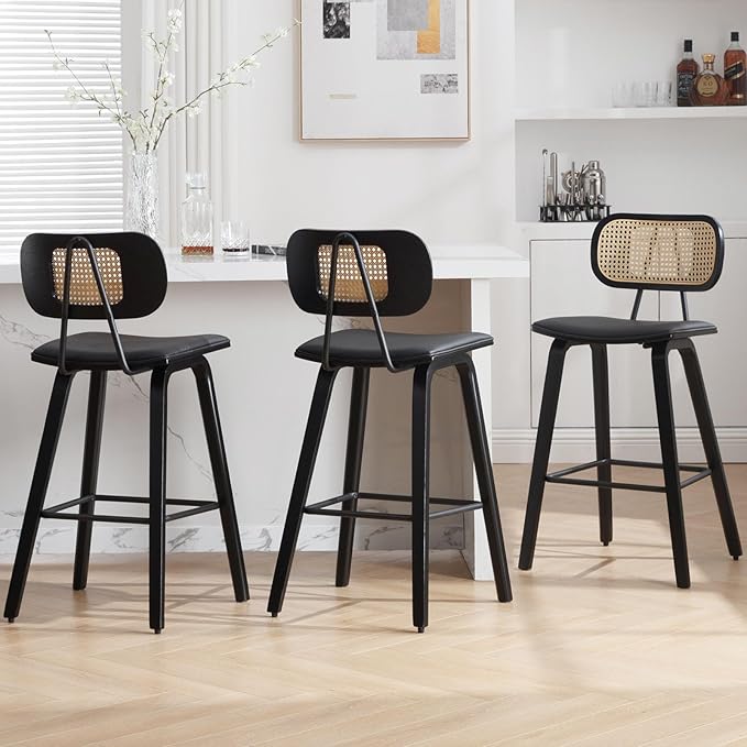 Counter Height Bar Stools Set of 3, PU Leather Upholstered Rattan Barstools, 26" Mid Century Modern Bar Chairs with Black Wood Legs, Armless Kitchen Island Dining Bar Chair, Black