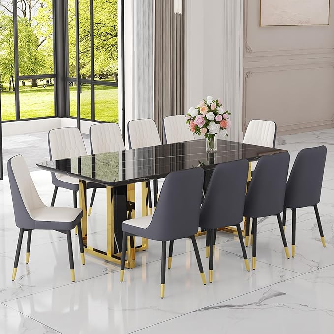 TesNus 79" Black Dining Table Set for 10 with Chairs,Large Faux Marble Kitchen Table and Chairs Set Rectangular 11 Piece Dining Room Set with Gold Metal Legs,Modern Design,Easy Assemble,Stable Base