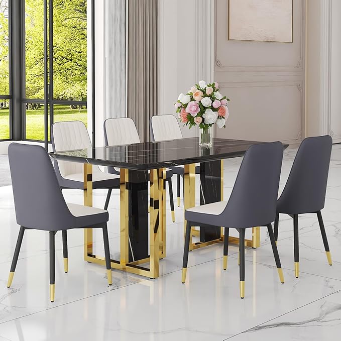 TesNus 63" Black Dining Table Set for 6 with Chairs,Modern Faux Marble Rectangular Kitchen Table and Chairs Set Luxury 7 Piece Dining Room Set with Gold Metal Legs,Easy Assemble,Stable Base