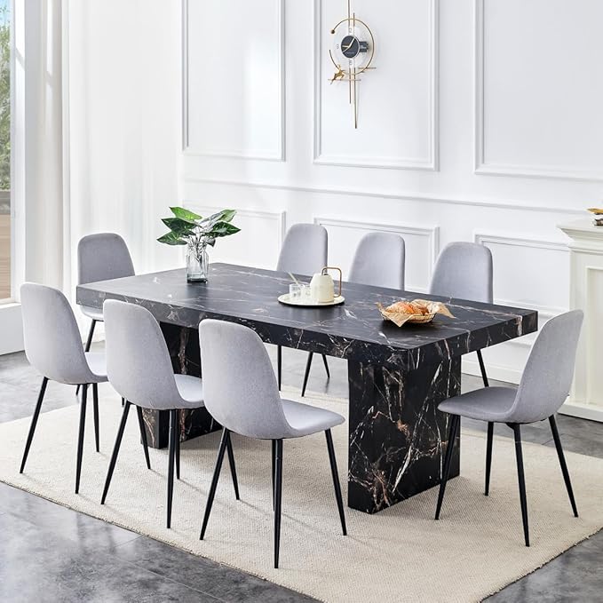 Marble Dining Table Set 79" ｜Modern Dining Table Set with 8 Linen Chairs｜Engineered Wood with Marble Pattern Tabletop｜Widened and Stable Tablelegs｜Easy Assembly