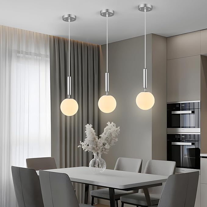 Modern Hanging Light Fixture Pendant Lighting for Kitchen Island Mid Century Chrome Pendant Lights with Globe Milky White Glass Pendant Light for Bedroom Bathroom Entryway (3 Pack)