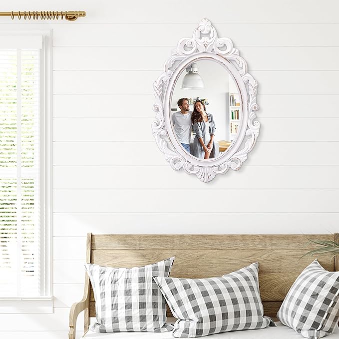 Wall Mirror Oval Baroque Style Vintage Mirrors for Wall Wooden Hanging Arendahl Traditional Mirror Decorative for Bathroom Bedroom Living Room Entryway Decor 24"x16" White