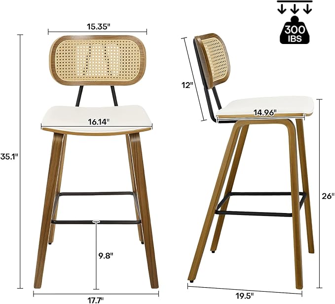 Counter Height Bar Stools Set of 2, Mid Century Modern Counter Stools, 26" Wood Kitchen Stool PU Leather Upholstered Barstool with Rattan Back, Counter Height Island Dining Bar Chair, Cream White