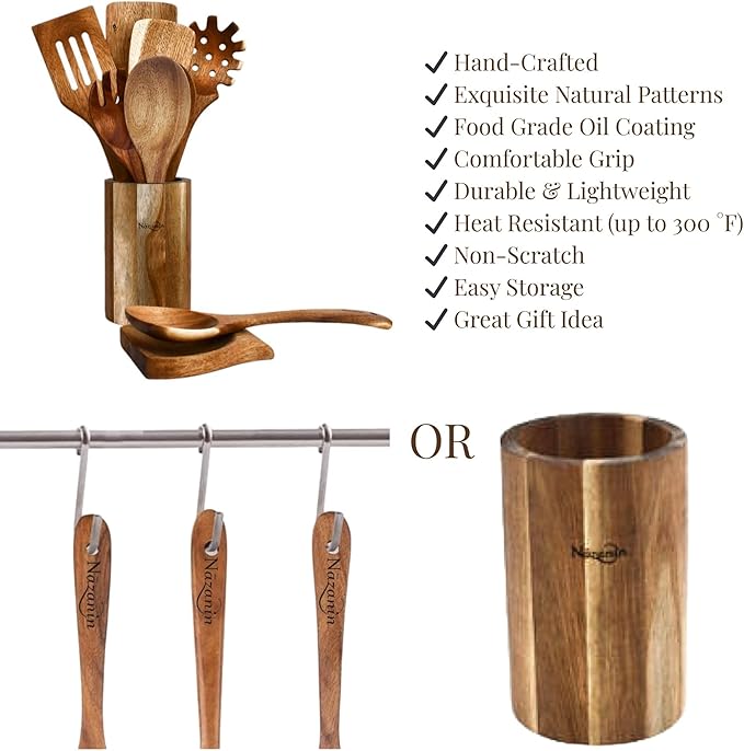 NAZANIN 9-Piece Natural Acacia Wood Kitchen Utensil Set with Holder & Spoon Rest, Wooden Spoon Set for Nonstick Pans & Cookware, Durable, Lightweight, Heat Resistant, & Non-Scratch Cooking Spoons