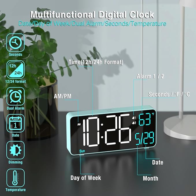 KOSUMOSU Digital Alarm Clock for Bedroom, 6.7in Desk Clock LED, Auto Dimming, Room Temperature, Day of The Week, Date, Seconds, Clocks for Living Room, Alarm Clocks for Bedrooms