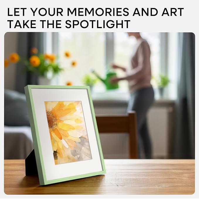 Homeforia 8.5x11 Sage Green Frame, High End Metal 8.5 x 11 Picture Frames with Mat 6 by 8 inch Photo, 11x8.5 Poster Frame Matted to 6x8 Art, Wall or Tabletop Frames, Tempered Glass, Wall Kit, Set of 1