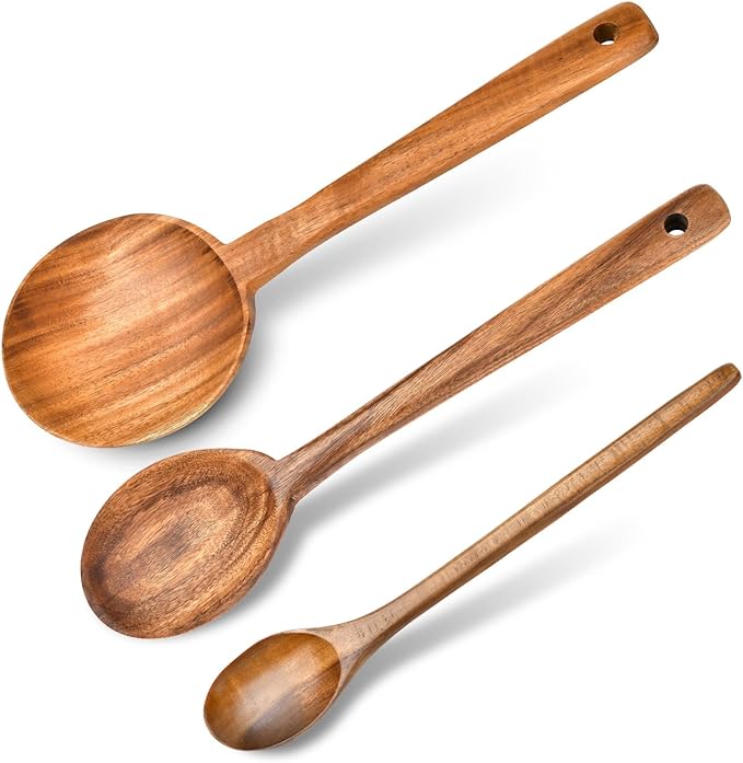 3 Pcs Olive Wood Cooking Spoon Set, Wooden Spoons, Long Handle Wooden Cooking Utensil, Large Wooden Utensils for Cooking Serving Mixing Stirring(12 in, 12 in, 11.2 in)