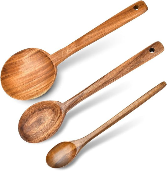 3 Pcs Olive Wood Cooking Spoon Set, Wooden Spoons, Long Handle Wooden Cooking Utensil, Large Wooden Utensils for Cooking Serving Mixing Stirring(12 in, 12 in, 11.2 in)