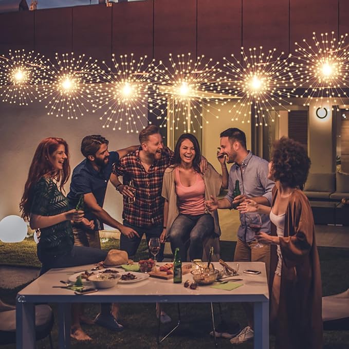 5 Pcs 1000LED Solar Starburst Sphere Lights,Firework Light Remote Control Timer 8 Modes Dimmable Waterproof Hanging Fairy Light, Sparkly Lights for Patio Garden Tent Outdoor(Warm White)