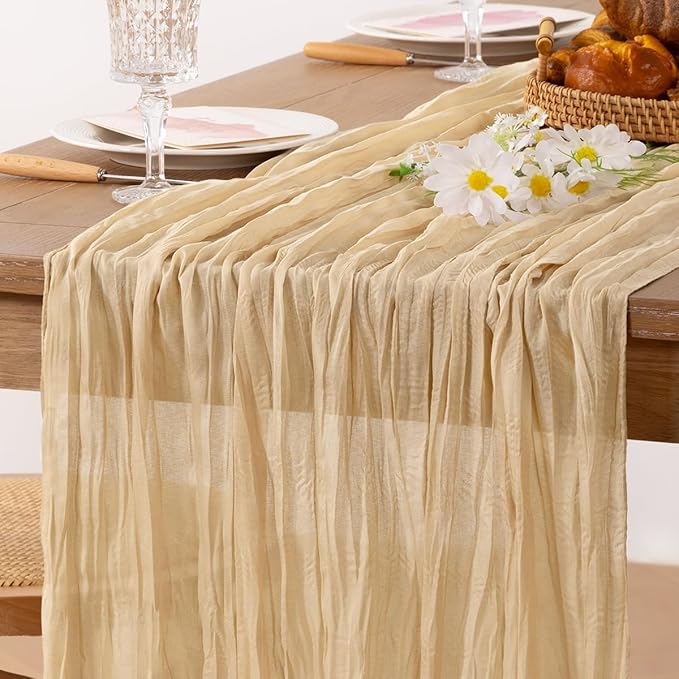MLMC Champagne Cheesecloth Table Runner 10ft Sand Rustic Fall Gauze Cheese Cloth Table Runner 35x120 Inches for Farmhouse Cozy Holiday Outdoor Events Home Decor