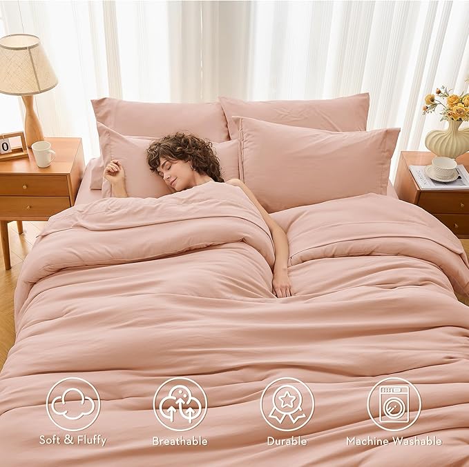MUXHOMO 7 Pieces Full Comforter Set, Soft Bed in a Bag Full Size, All Season Bedding Set with Comforter, Flat Sheet, Fitted Sheet, Pillowcases & Shams, Rose Gold