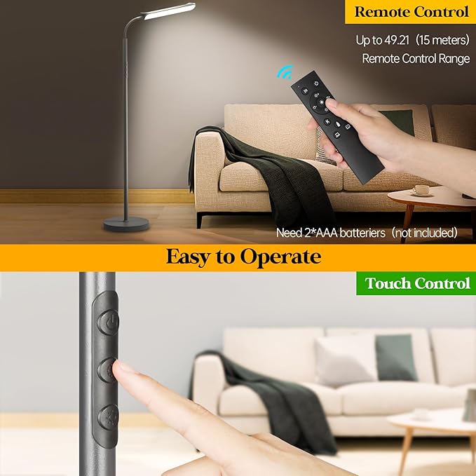LED Floor Lamp, 18W Super Bright Floor Lamp for Living Room, Adjustable Stepless Colors & Brightness Gooseneck Standing Lamp, Eye Caring Reading Light with Remote& Touch Control for Bedroom Office
