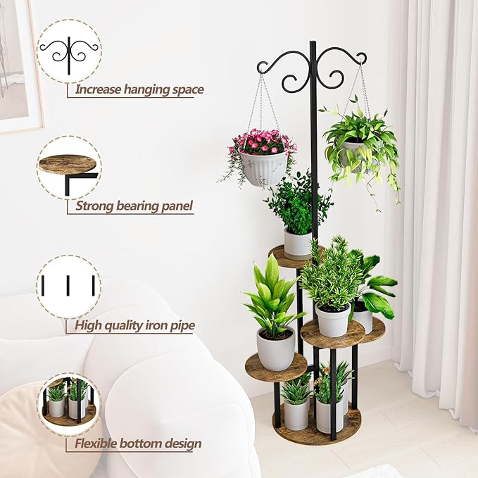 Plant Stand Indoor 5 Tier 8 Potted with hook hanging basket Multiple Flower Pot Holder for Patio Garden Balcony Living Room Corner (5 Tier with hook Black+Rustic Brown)