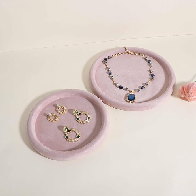 GemeShou Round Jewelry Organizer plate, Top Microfiber velvet Jewerly display tray, Empty Jewelry showcase tray for Necklace Bracelet Ring Earring display stand holder (Pink-Medium, 7.9 x 7.9 in)