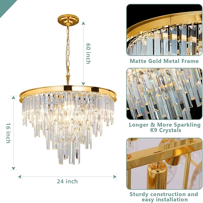 Gold Top K9 Crystal Chandelier Modern Lighting Fixture, 9 Lights Round K9 Crystal Adjustable Hanging Lamp for Dining Room Bedroom Living Room,Hallway,Bar,Kitchen W24''