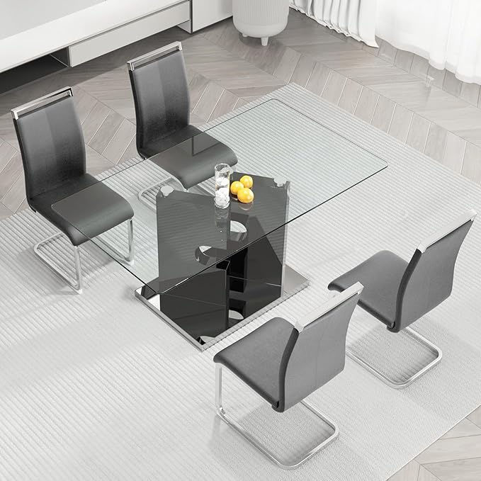 Glass Dining Table Set, 5 Piece Set with Tempered Glass Top and Modern MDF Base, Includes 4 PU Leather Ergonomic Chairs