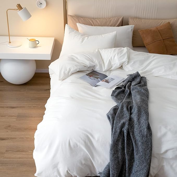 JIYUAN 100% Washed Cotton Duvet Cover Set 3 Pieces Super King, 1 Duvet Cover 108x98 Inches(Comforter Not Included) and 2 Pillowcases,Linen Feel Bedding Set Comfy and Breathable,Off White