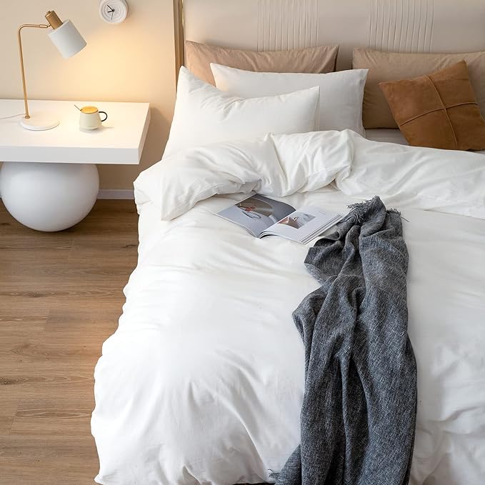 JIYUAN 100% Washed Cotton Duvet Cover Set 3 Pieces Queen, 1 Duvet Cover 90x90 Inches(Comforter Not Included) and 2 Pillowcases,Linen Feel Bedding Set Comfy and Breathable,Off White