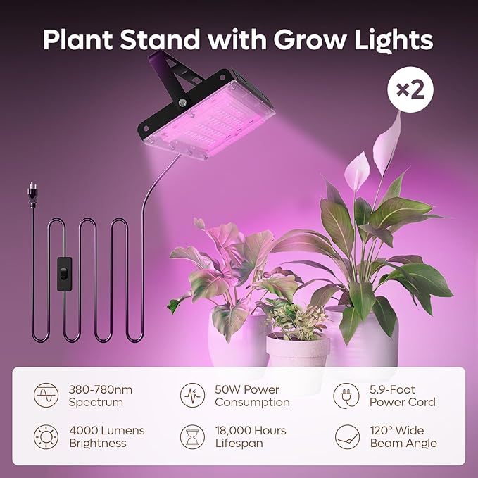 Bestier Plant Stand Indoor with Grow Lights, 6 Tiered Metal Plant Shelf with Wheels for Plants Multiple, Half-Moon Shape Plant Rack Display Shelf, Large Plant Holder for Home, Patio, Balcony (2 Pcs, Oak)