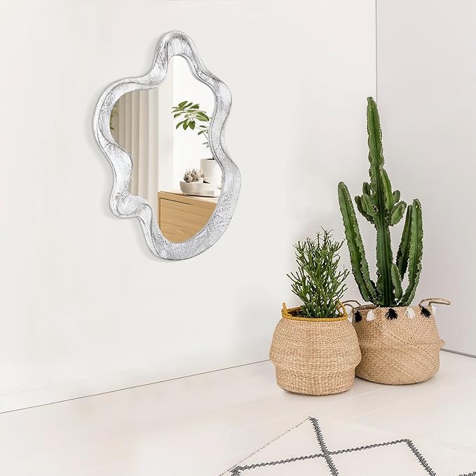 Asymmetrical Mirror Wood Frame Irregular Wall Mirror Unique Shape Wavy Wall Mirror Modern Artistic Cloud Mirror Decorative for Living Room Bedroom Cloakroom Bathroom Entryway Hallway White
