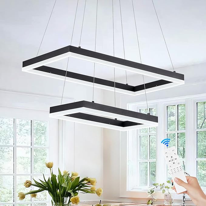2 Rings Modern LED Chandelier Black 23.6inch Rectangle Dimmable LED Pendant Light with Remote Control 2 Tier Flush Mount High Ceiling Light for Dining Living Room Foyer(3000K-6500K, H59)