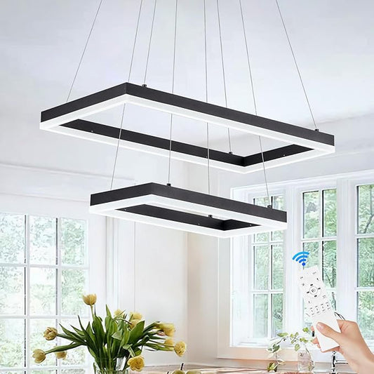 2 Rings Modern LED Chandelier Black 23.6inch Rectangle Dimmable LED Pendant Light with Remote Control 2 Tier Flush Mount High Ceiling Light for Dining Living Room Foyer(3000K-6500K, H59)