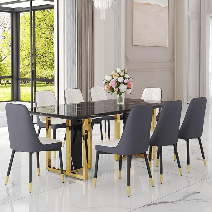 TesNus 79" Black Dining Table Set for 8 with Chairs,Large Faux Marble Kitchen Table and Chairs Set Rectangular 9 Piece Dining Room Set with Gold Metal Legs,Easy Assemble,Stable Base