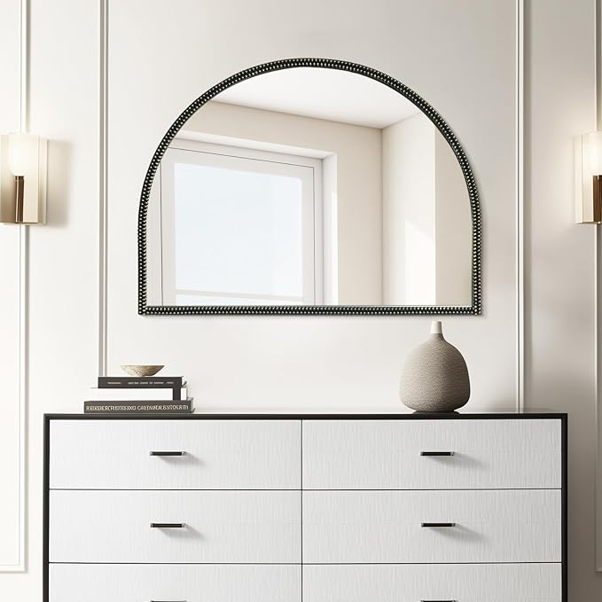 WallBeyond Black Vintage Mirror for Vanity 32x24 Inch, Gold Antique Mirror with Ornate Beaded Frame for Bathroom, Living Room, Fireplace, Entryway