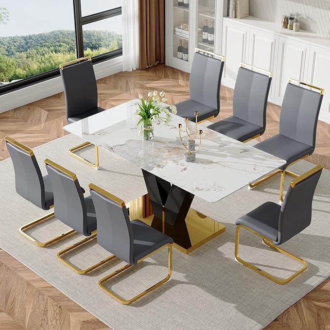 71'' Dining Table Set for 8,Marble Dining Table Set,Modern Kitchen Table with 8 PU Leather Chairs,Gold Dining Room Table Set with V-Shaped Black Glossy Pillars,Ideal for Kitchen Dining Room